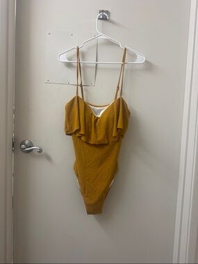 Cupshe Mustard Ribbed One-Piece Swim Bodysuit with Flutter Ruffle